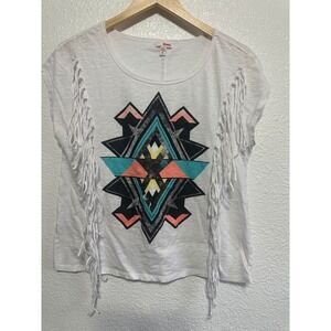 Bongo White Graphic T Shirt Fringe Sleeve Boho Festival Women's M